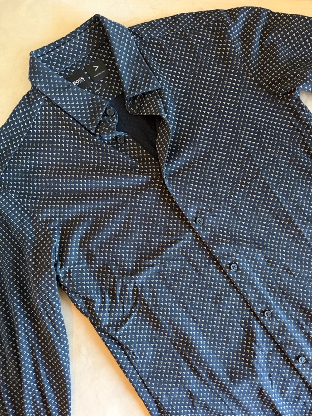 Boss Navy Blue Long-Sleeve Dress Shirt with White Micro Print